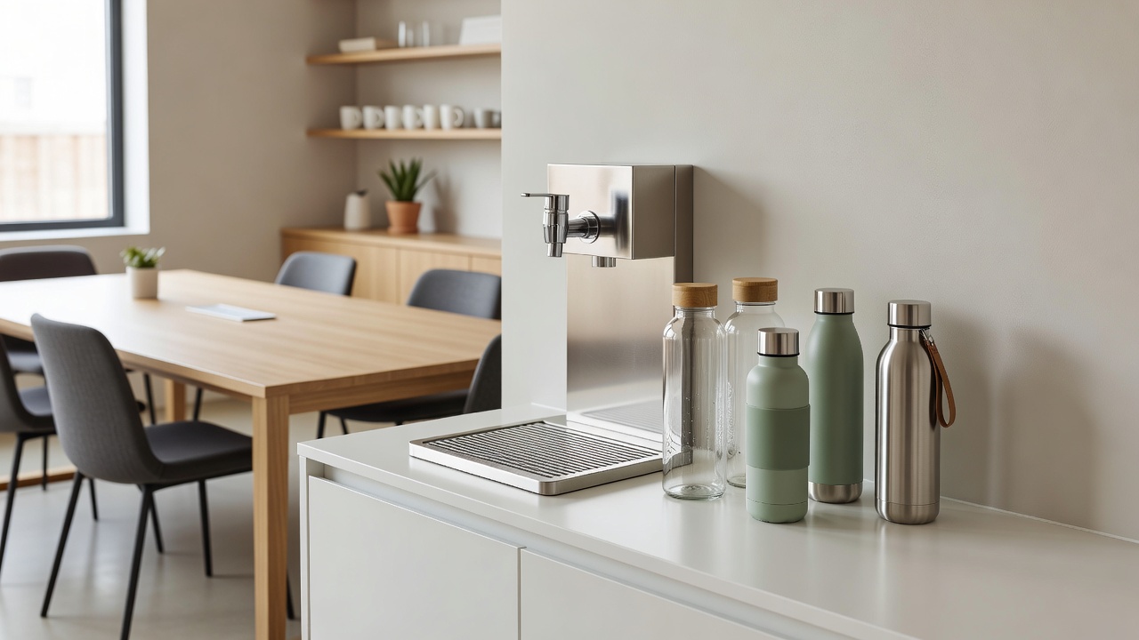 Refillable water bottles beside a clean, accessible station in a team room