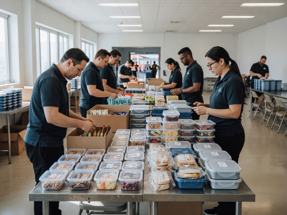 Team staff preparing labelled food containers and portable snacks for an event